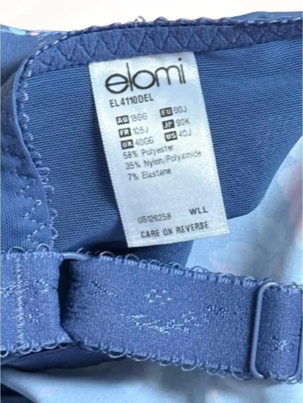 Elomi blue floral push up bra with red and pink flowers, size 40J